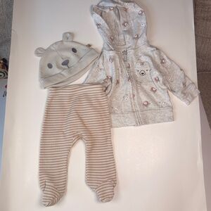 Petit Lem Neutral Bear Hoodie, Hat & Striped Footies Set - Gray & Cream